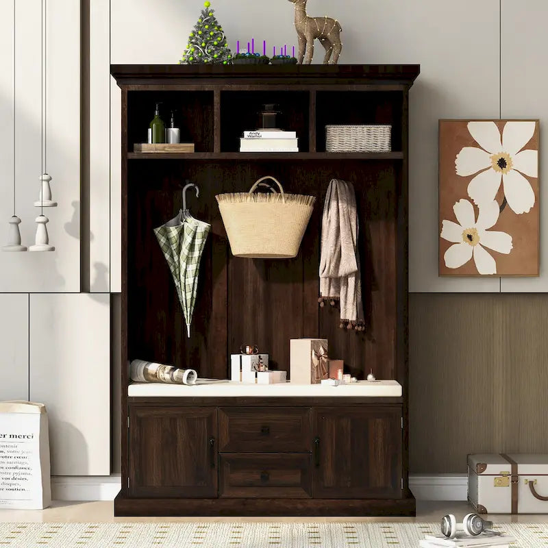 3-in-1 Design Hall Tree with 3 Hooks and Storage Bench - 47.24W x 70.9H x 15.74D