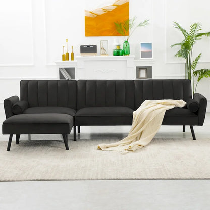 Convertible Sofa Sleeper Futon with Chaise Ottoman for Office, Velvet Futon Sofa Bed Couch