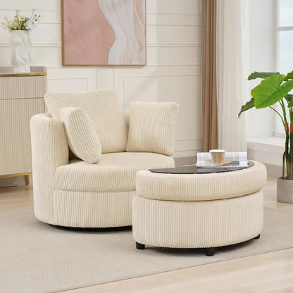Corduroy Accent Chair, Barrel Chair with Ottoman and Back Cushions for Living Room