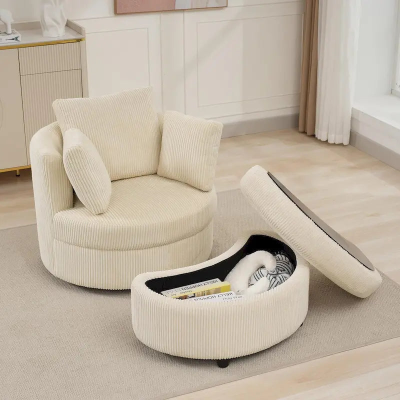 Corduroy Accent Chair, Barrel Chair with Ottoman and Back Cushions for Living Room