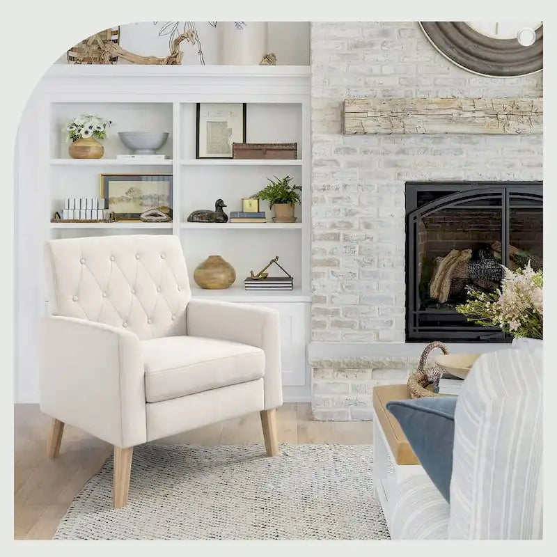LUE BONA Linen and Walnut Legs Mid Century Modern Button Tufted Accent Chair - 29.53 H X 30 W X 33.07 D