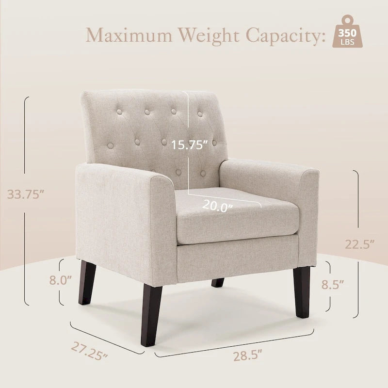 LUE BONA Linen and Walnut Legs Mid Century Modern Button Tufted Accent Chair - 29.53 H X 30 W X 33.07 D