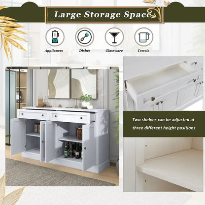 Kitchen Sideboard Storage Buffet Cabinet with 2 Drawers & 4 Doors Adjustable Shelves for Dining Room, Living Room (White)