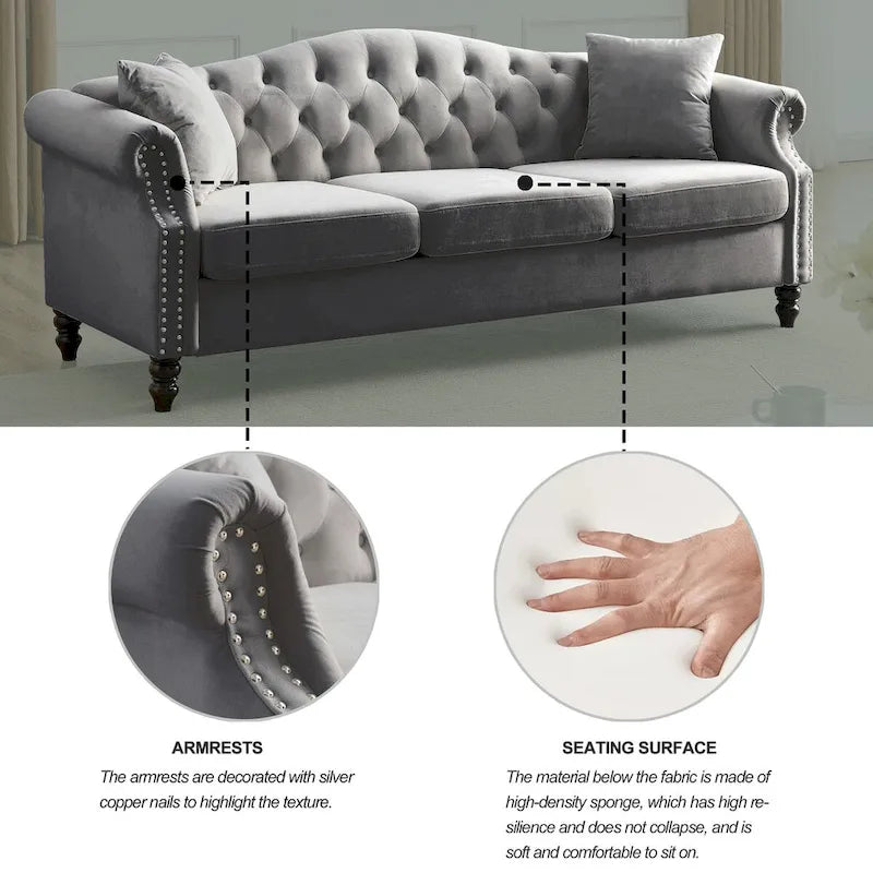 79 Chesterfield Sofa Velvet for Living Room, 3 Seater Sofa Tufted Couch with Rolled Arms and Nailhead ,two pillows
