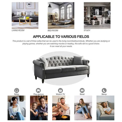 79 Chesterfield Sofa Velvet for Living Room, 3 Seater Sofa Tufted Couch with Rolled Arms and Nailhead ,two pillows