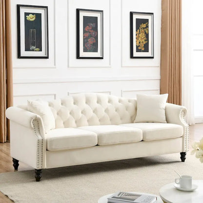 79 Chesterfield Sofa Velvet for Living Room, 3 Seater Sofa Tufted Couch with Rolled Arms and Nailhead ,two pillows
