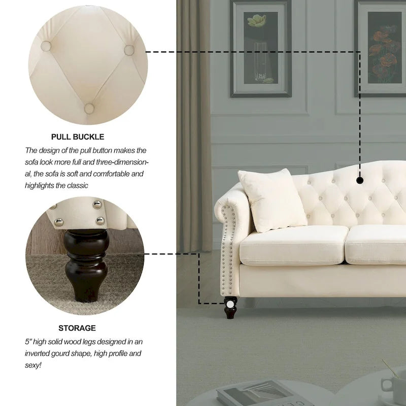 79 Chesterfield Sofa Velvet for Living Room, 3 Seater Sofa Tufted Couch with Rolled Arms and Nailhead ,two pillows
