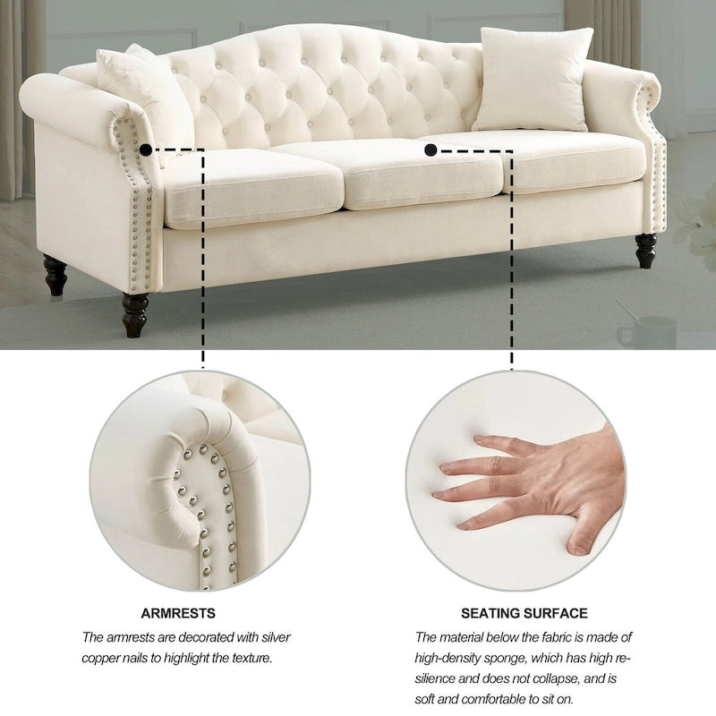 79 Chesterfield Sofa Velvet for Living Room, 3 Seater Sofa Tufted Couch with Rolled Arms and Nailhead ,two pillows