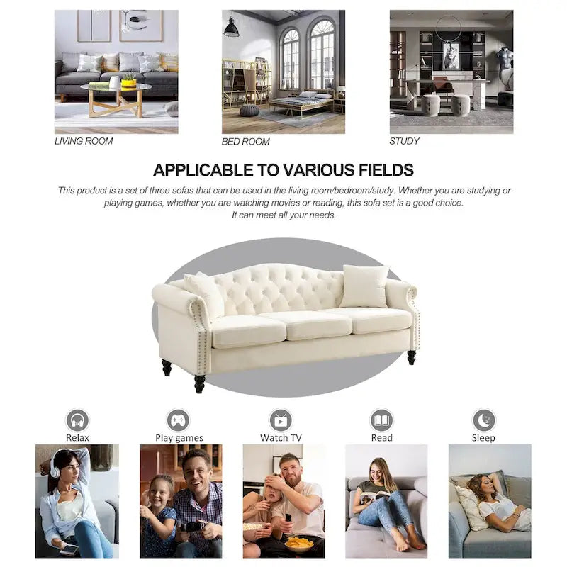 79 Chesterfield Sofa Velvet for Living Room, 3 Seater Sofa Tufted Couch with Rolled Arms and Nailhead ,two pillows