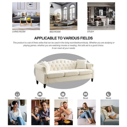 79 Chesterfield Sofa Velvet for Living Room, 3 Seater Sofa Tufted Couch with Rolled Arms and Nailhead ,two pillows
