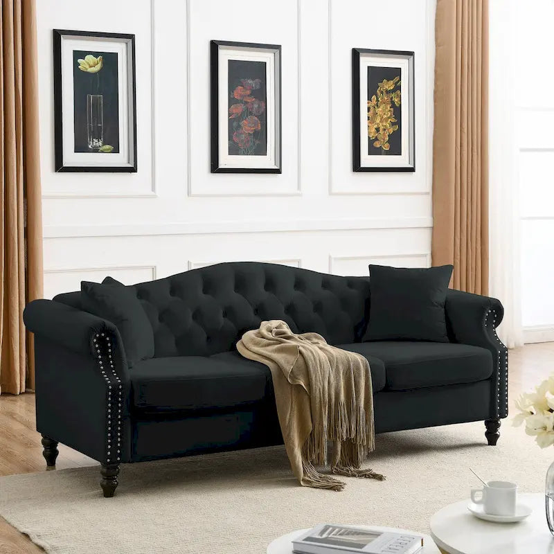79 Chesterfield Sofa Velvet for Living Room, 3 Seater Sofa Tufted Couch with Rolled Arms and Nailhead ,two pillows
