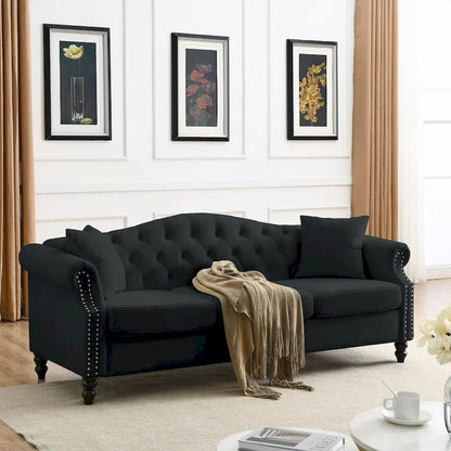 79 Chesterfield Sofa Velvet for Living Room, 3 Seater Sofa Tufted Couch with Rolled Arms and Nailhead ,two pillows
