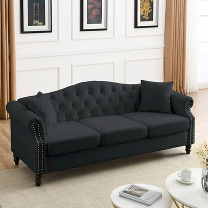 79 Chesterfield Sofa Velvet for Living Room, 3 Seater Sofa Tufted Couch with Rolled Arms and Nailhead ,two pillows