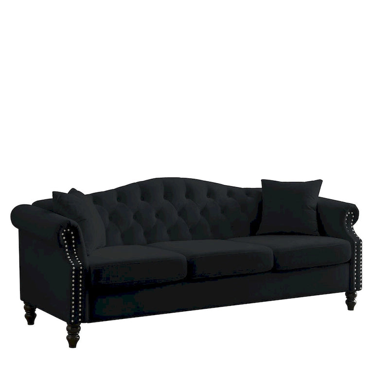 79 Chesterfield Sofa Velvet for Living Room, 3 Seater Sofa Tufted Couch with Rolled Arms and Nailhead ,two pillows