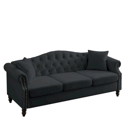 79 Chesterfield Sofa Velvet for Living Room, 3 Seater Sofa Tufted Couch with Rolled Arms and Nailhead ,two pillows