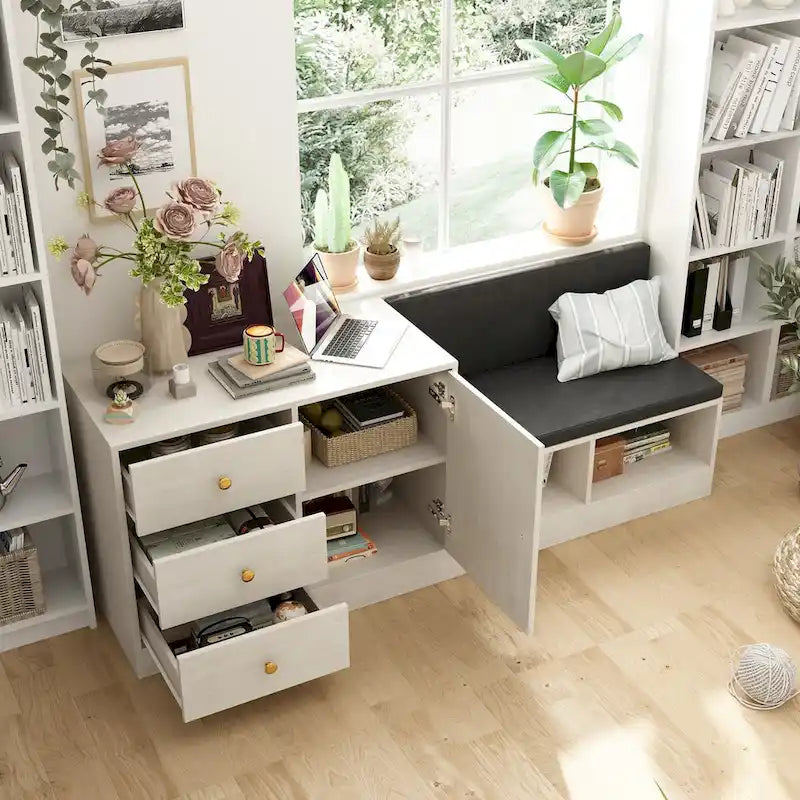 White Entryway Shoe Storage Bench with Black Cushion and Drawers
