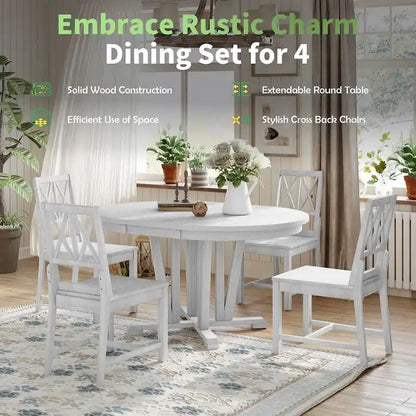 Farmhouse Solid Wood 4 Person Round Extendable Dining Table Set for Kitchen, Dining Room