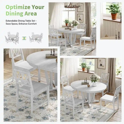 Farmhouse Solid Wood 4 Person Round Extendable Dining Table Set for Kitchen, Dining Room