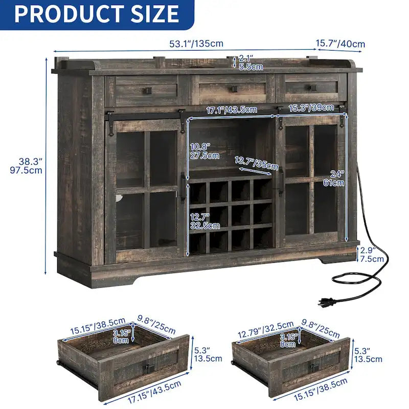 Moasis Farmhouse Sideboard Buffet with Wine Racks Storage Bar Cabinet with Drawers