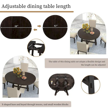 5-Piece Farmhouse Dining Table Set Wood Round Extendable Dining Table and 4 Upholstered Dining Chairs
