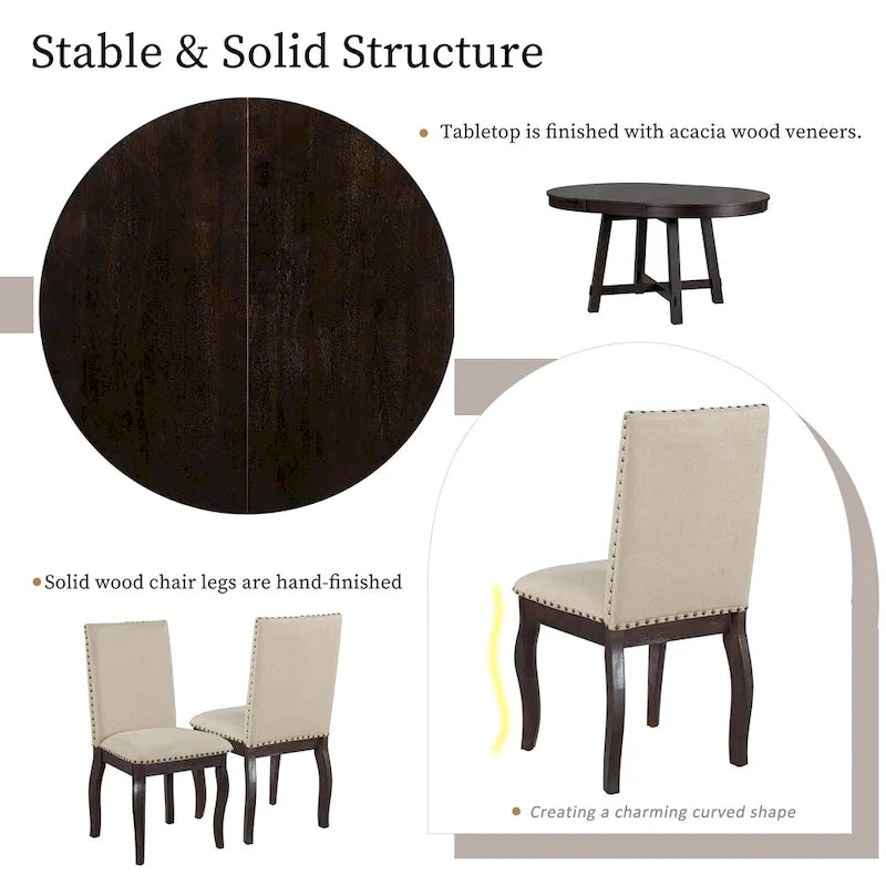 5-Piece Farmhouse Dining Table Set Wood Round Extendable Dining Table and 4 Upholstered Dining Chairs