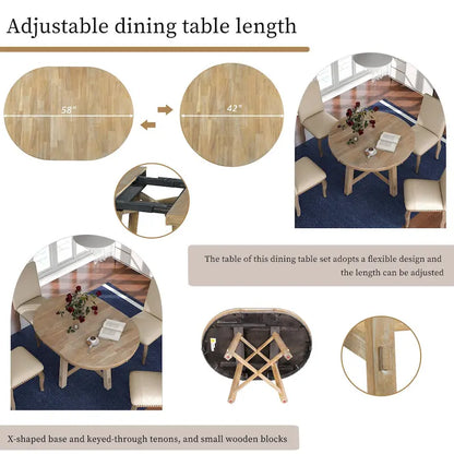 5-Piece Farmhouse Dining Table Set Wood Round Extendable Dining Table and 4 Upholstered Dining Chairs
