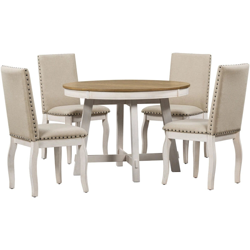 5-Piece Farmhouse Dining Table Set Wood Round Extendable Dining Table and 4 Upholstered Dining Chairs