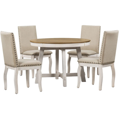 5-Piece Farmhouse Dining Table Set Wood Round Extendable Dining Table and 4 Upholstered Dining Chairs