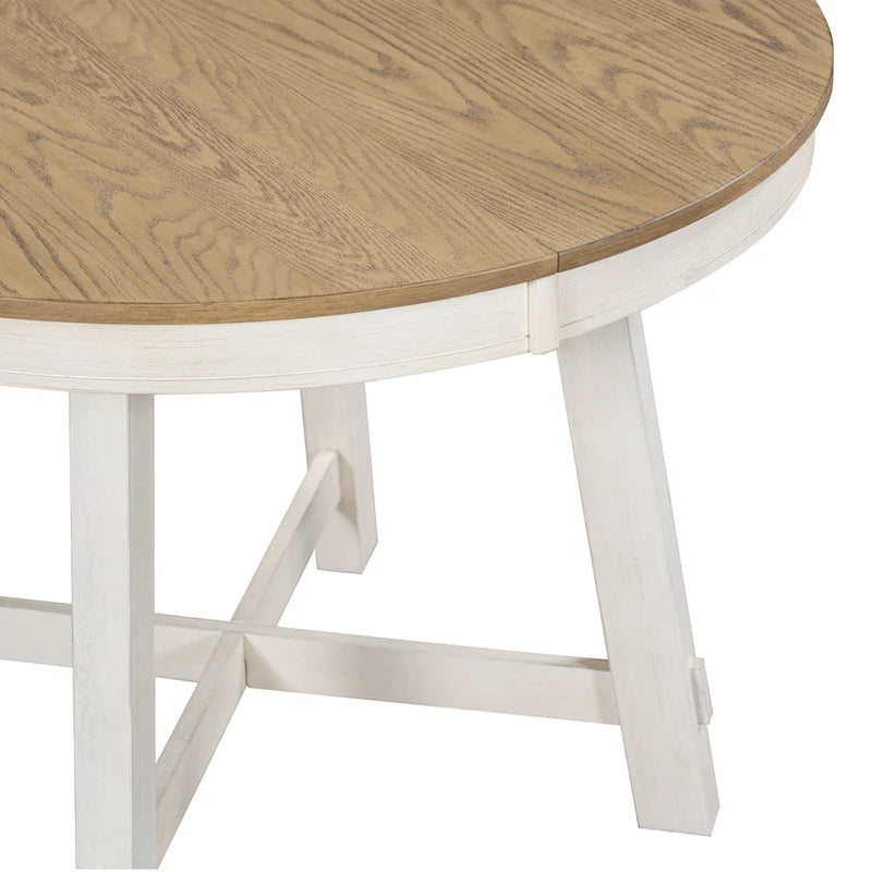 5-Piece Farmhouse Dining Table Set Wood Round Extendable Dining Table and 4 Upholstered Dining Chairs