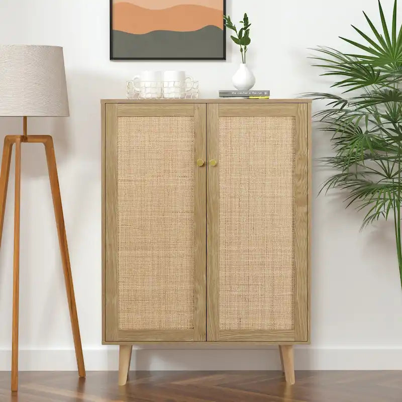 Anmytek Modern 2-Door Rattan Buffet Sideboard Kitchen Storage Cabinet for Living Room