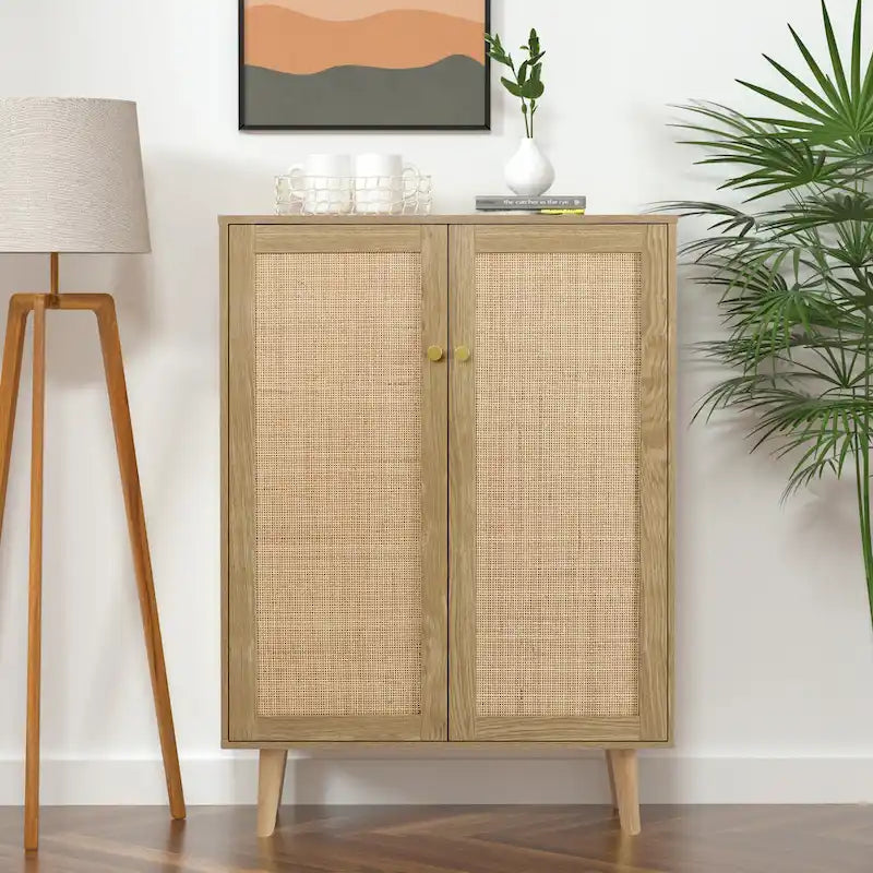 Anmytek Modern 2-Door Rattan Buffet Sideboard Kitchen Storage Cabinet for Living Room