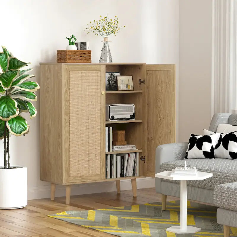 Anmytek Modern 2-Door Rattan Buffet Sideboard Kitchen Storage Cabinet for Living Room