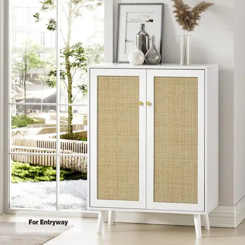 Anmytek Modern 2-Door Rattan Buffet Sideboard Kitchen Storage Cabinet for Living Room