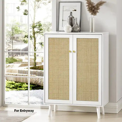 Anmytek Modern 2-Door Rattan Buffet Sideboard Kitchen Storage Cabinet for Living Room