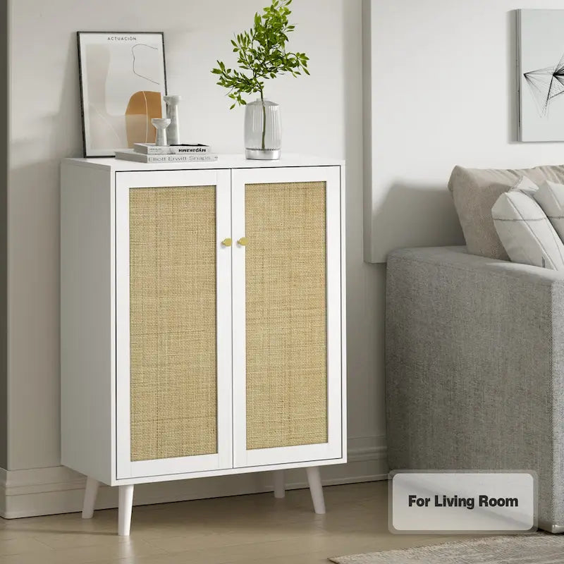 Anmytek Modern 2-Door Rattan Buffet Sideboard Kitchen Storage Cabinet for Living Room