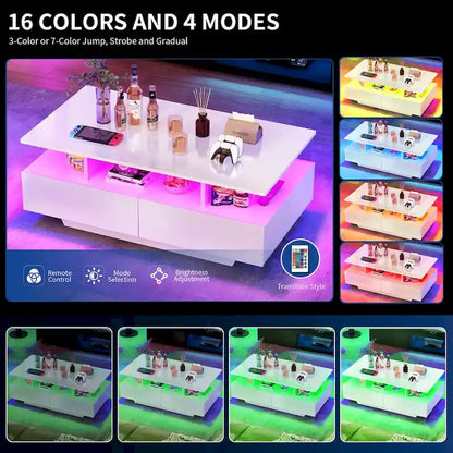 Moasis Modern Glossy Coffee Table with Drawers & LED Lights for Living Room