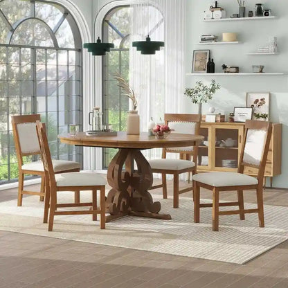 5-Piece Retro Functional Dining Set, 1 Extendable Table with a 16-inch Leaf and 4 Upholstered Chairs for Dining Room and Kitchen