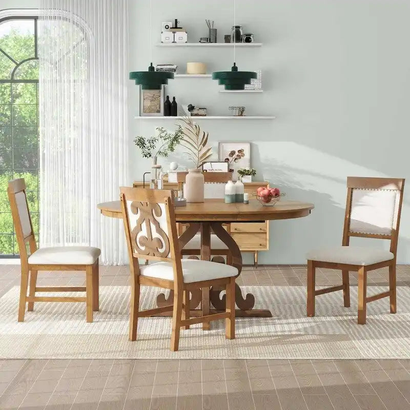 5-Piece Retro Functional Dining Set, 1 Extendable Table with a 16-inch Leaf and 4 Upholstered Chairs for Dining Room and Kitchen