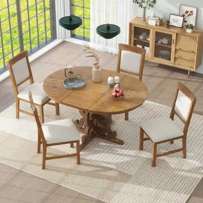 5-Piece Retro Functional Dining Set, 1 Extendable Table with a 16-inch Leaf and 4 Upholstered Chairs for Dining Room and Kitchen
