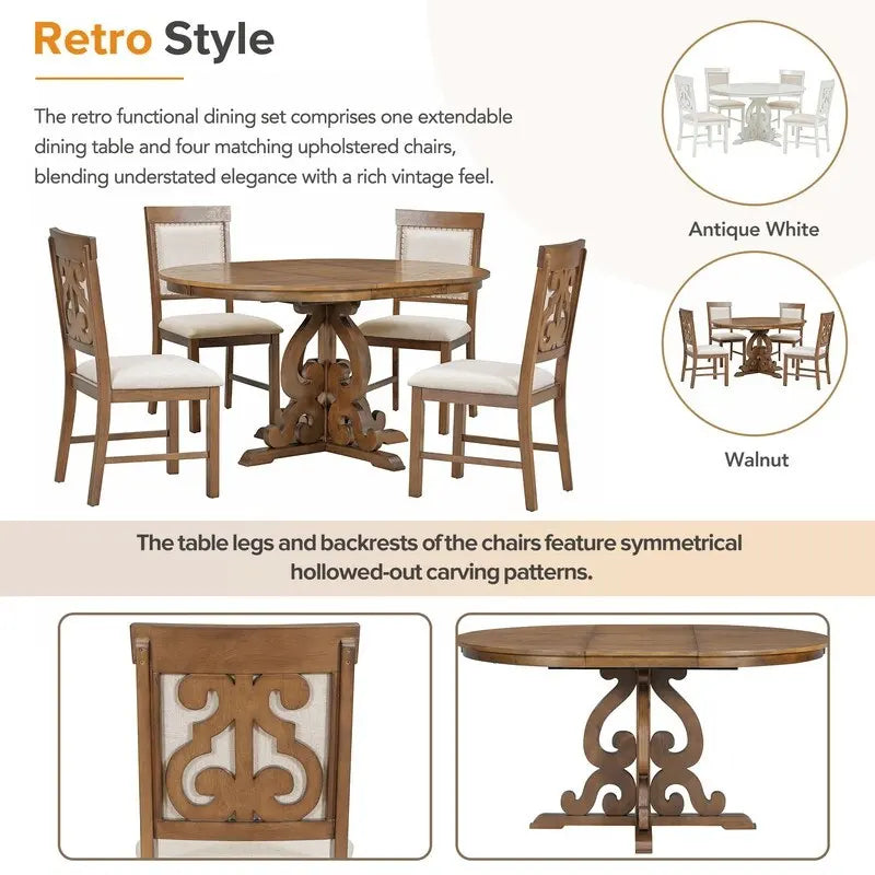 5-Piece Retro Functional Dining Set, 1 Extendable Table with a 16-inch Leaf and 4 Upholstered Chairs for Dining Room and Kitchen