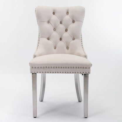 Velvet Upholstered Dining Chair with Nailhead Trim and Stainless Steel Silver Plated Leg Set of 2