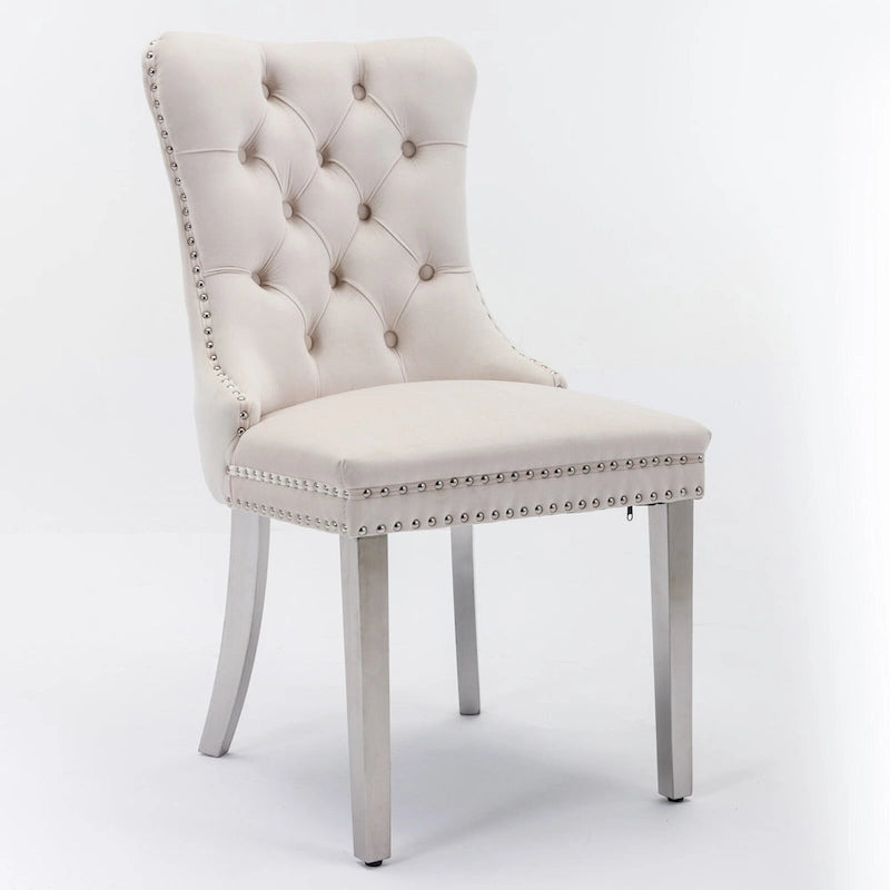 Velvet Upholstered Dining Chair with Nailhead Trim and Stainless Steel Silver Plated Leg Set of 2