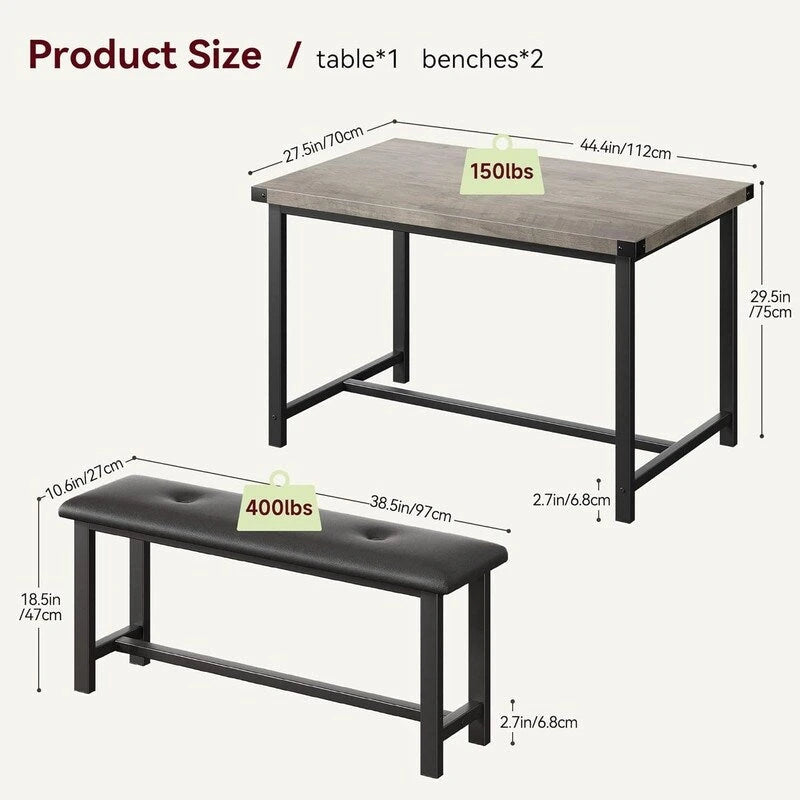 Dining Table Set for 4, Kitchen Table with 2 Upholstered Benches
