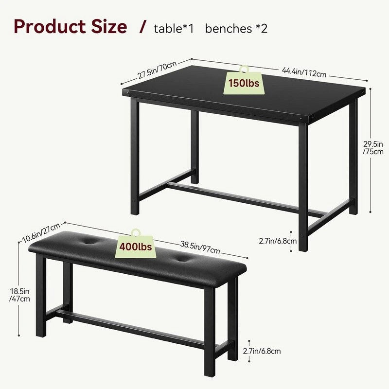Dining Table Set for 4, Kitchen Table with 2 Upholstered Benches