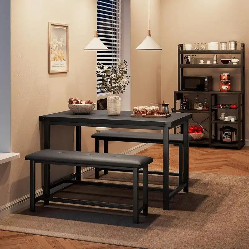 Dining Table Set for 4, Kitchen Table with 2 Upholstered Benches