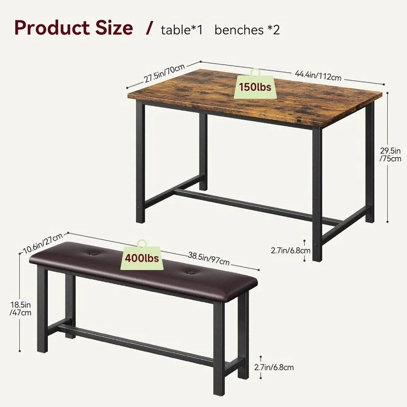 Dining Table Set for 4, Kitchen Table with 2 Upholstered Benches