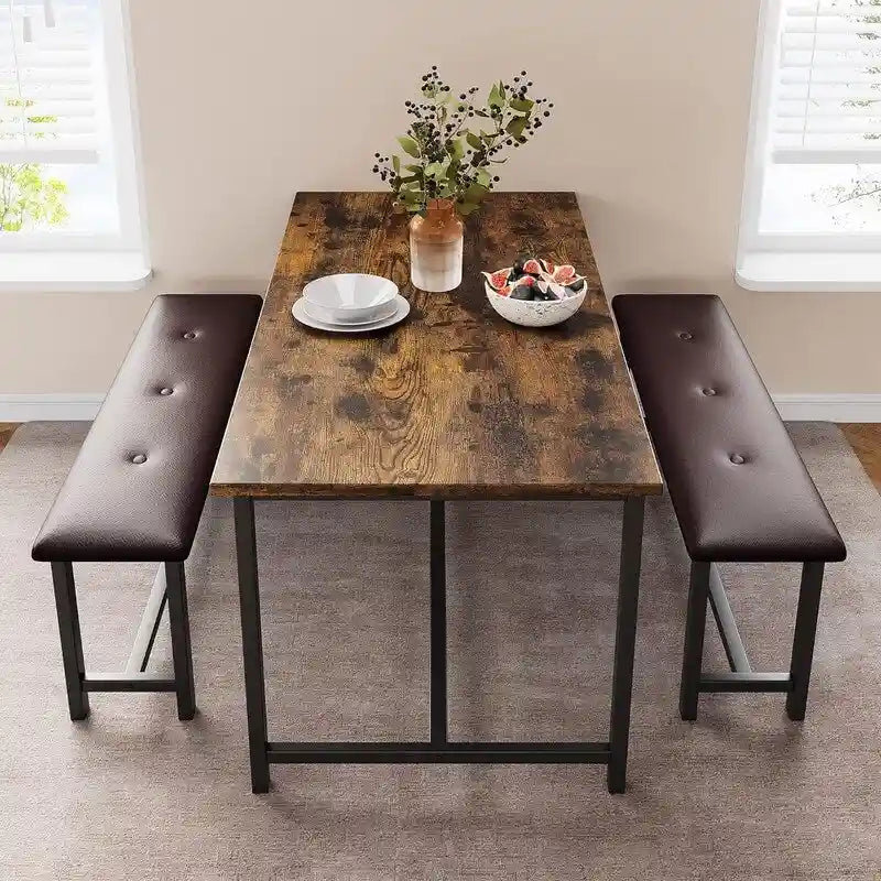 Dining Table Set for 4, Kitchen Table with 2 Upholstered Benches