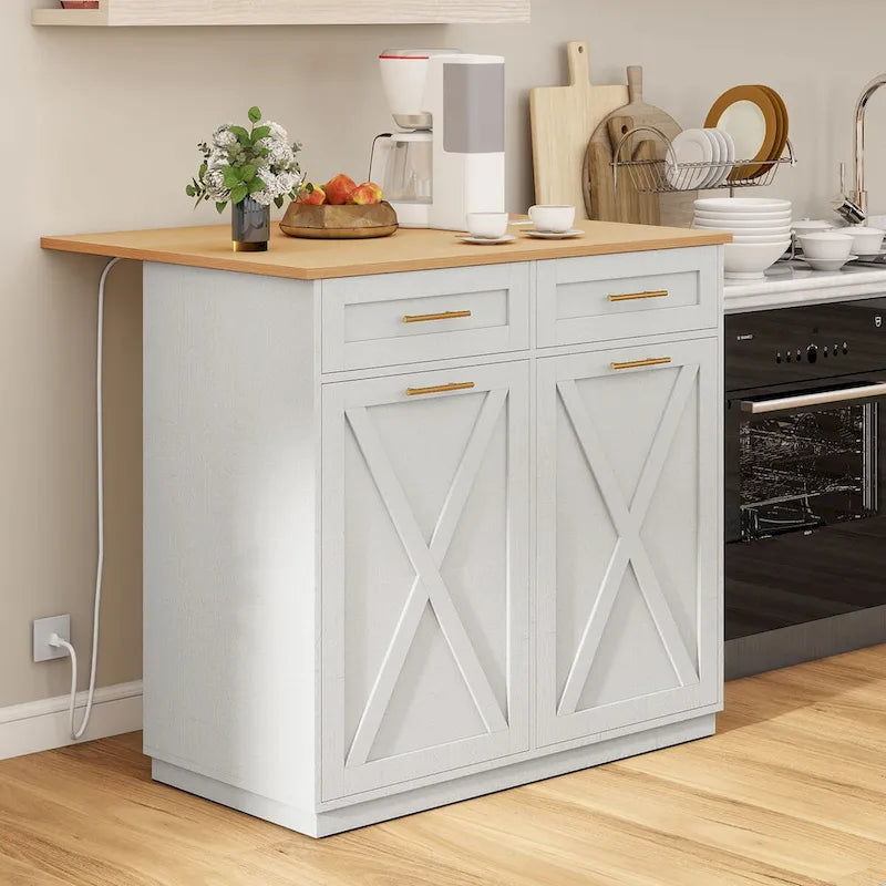 Kitchen Island Drop Leaf with Double Tilt Out Trash Cabinet